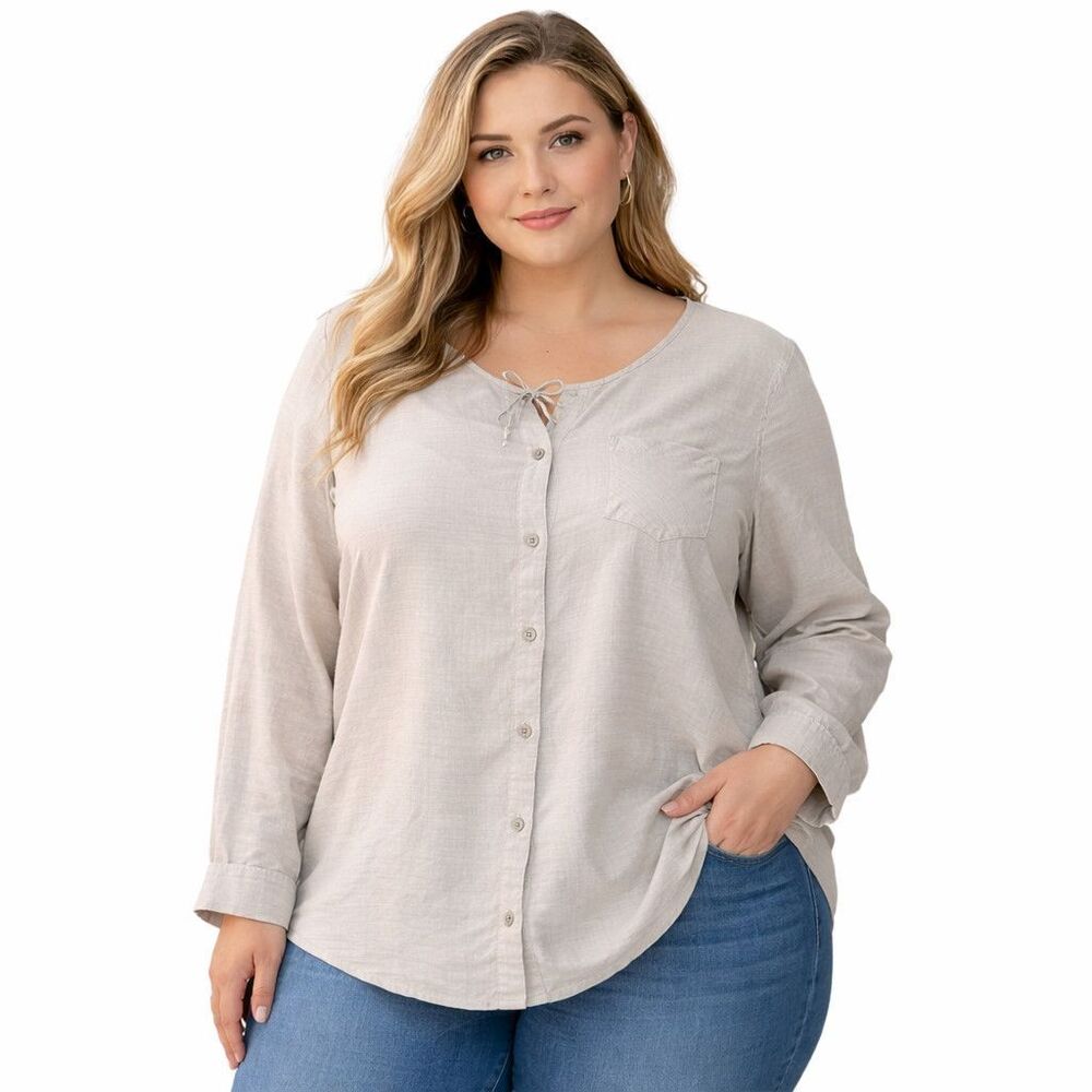 Woolrich Shirt Womens XL Beige Collarless Button Front Long Sleeve Relaxed Top